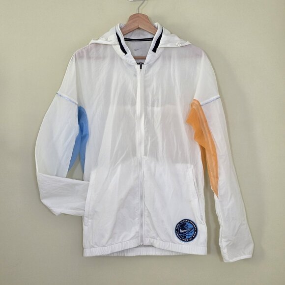 Nike Jacket Mens S White Zip Mock Neck Pockets LS Lightweight Running Hood Mesh - Picture 1 of 16